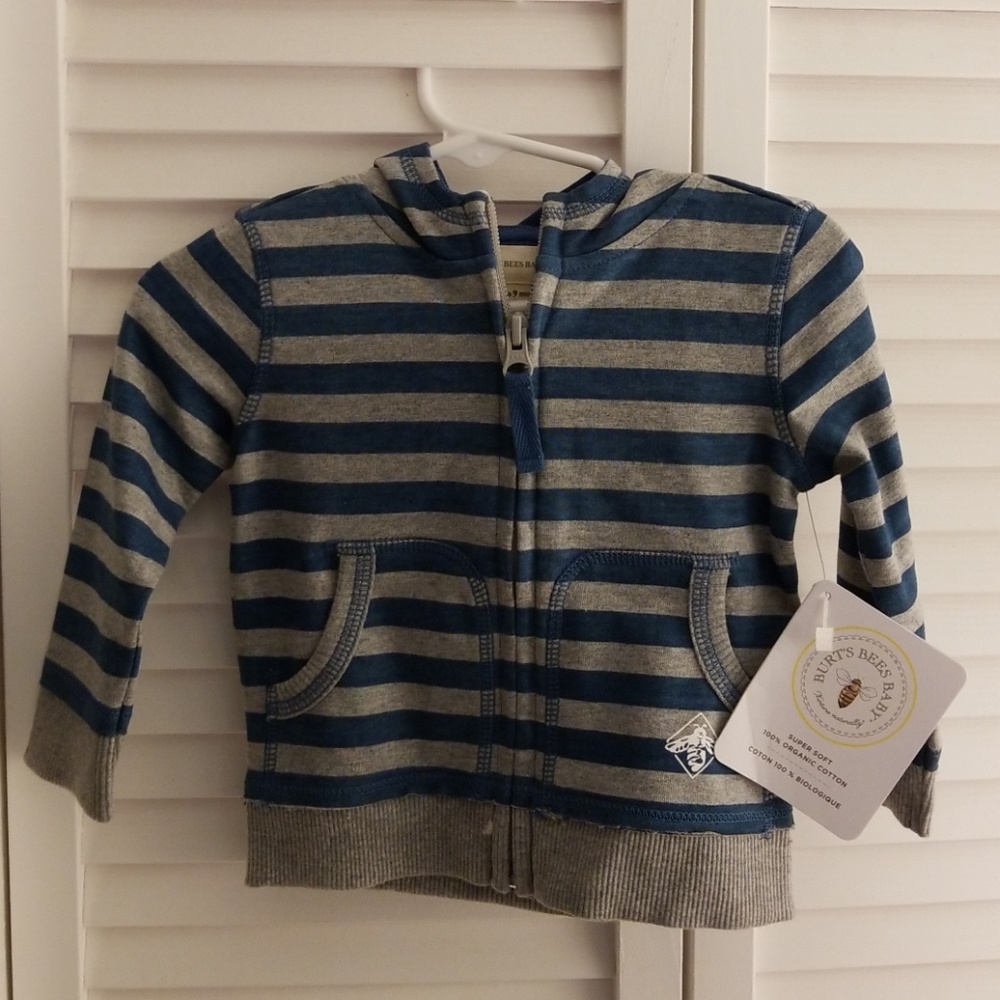 Burts Bees Baby blue gray striped hoodie jacket 6m